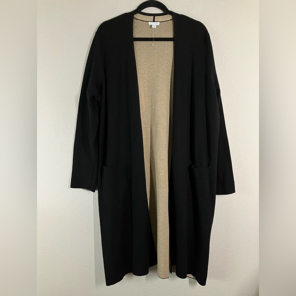 J JILL Longline Cotton Cardigan Sweater 1X Open Pockets Minimalist Work Black